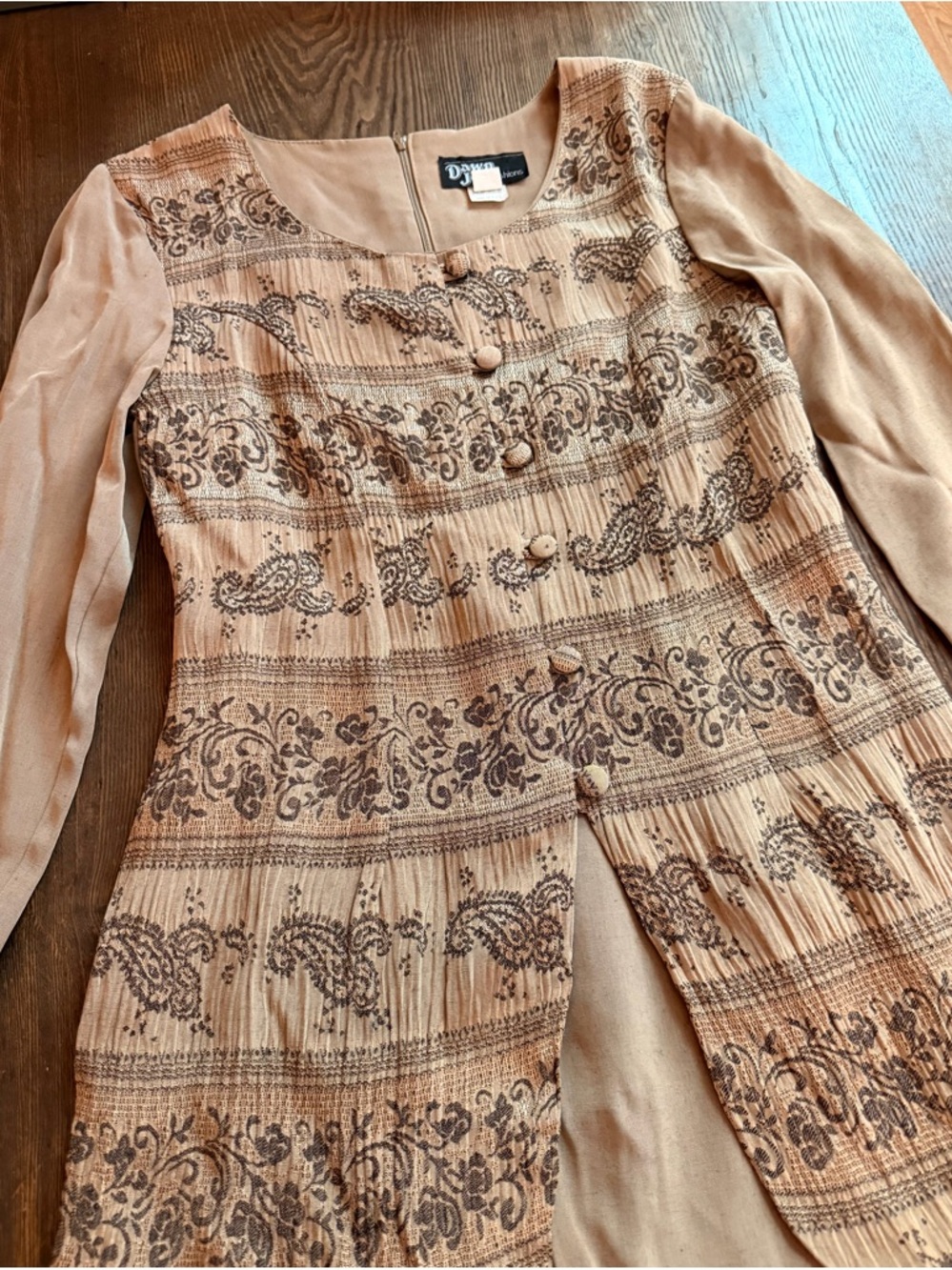 Vintage Beige and Brown Printed Button-Front Blouse
